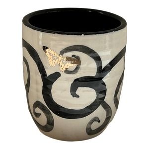 Pottery Vase in a Black & White Swirl Pattern with Genuine Gold Butterflies